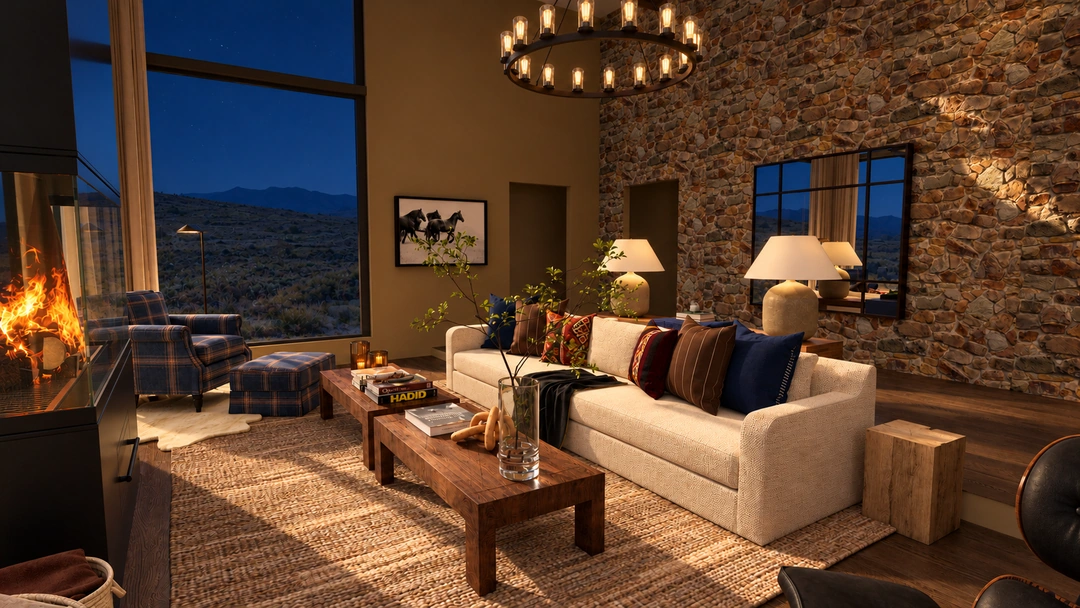 Lodge lounge with pale sofa and timber table at night — Winter Park, CO — Lodge, Studio Dalika; project view 5