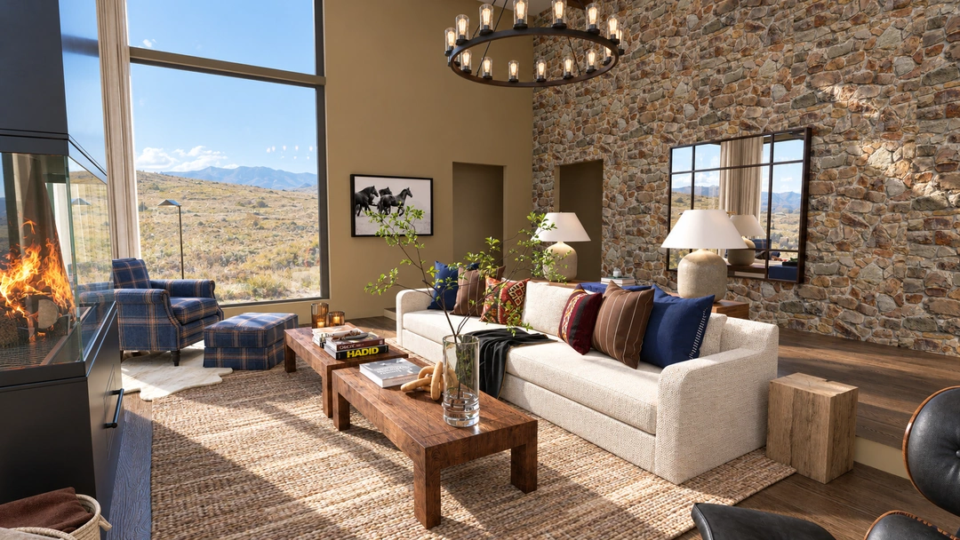 Daylight lodge sofa and stone wall beside mountain windows — Winter Park, CO — Lodge, Studio Dalika; project view 6