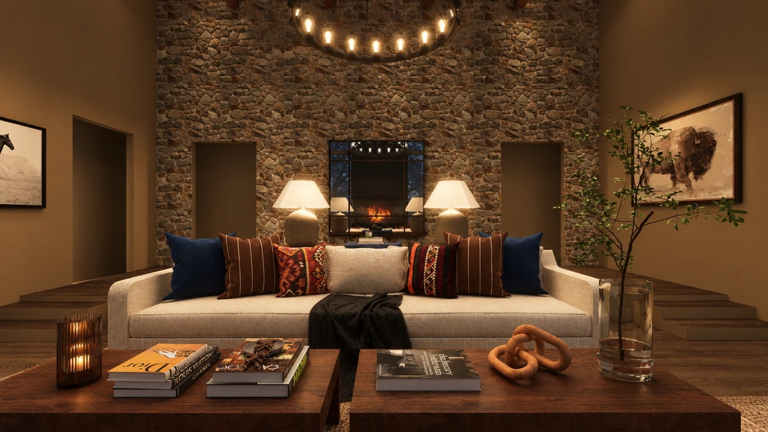 Pale sofa beneath lodge artwork and a circular chandelier — Winter Park, CO — Lodge, Studio Dalika; project view 7