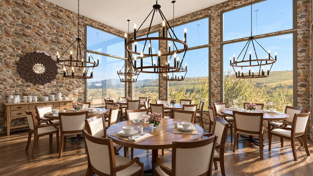 Lodge dining room with stone walls and mountain views — Winter Park, CO — Lodge, Studio Dalika