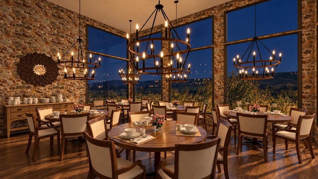 Lodge dining room overlooking the mountains at night — Winter Park, CO — Lodge, Studio Dalika; project view 3