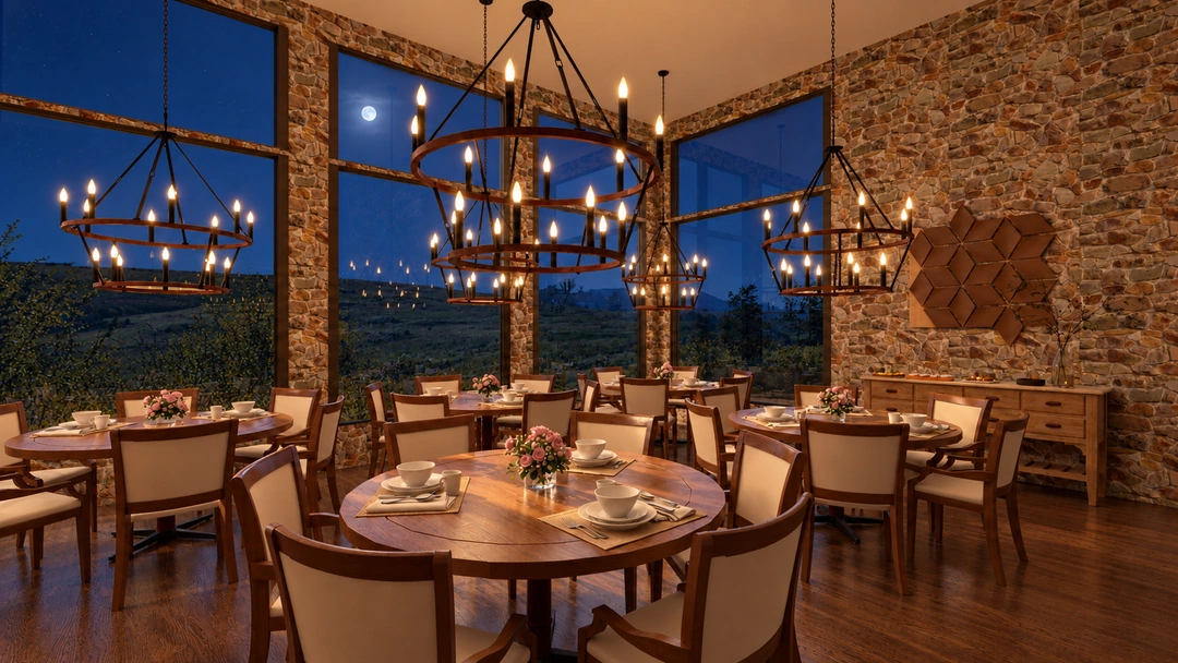Night view across timber dining tables and mountain windows — Winter Park, CO — Lodge, Studio Dalika; project view 4