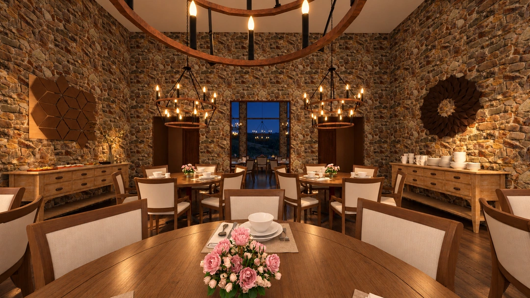 Dining room and circular chandeliers illuminated at night — Winter Park, CO — Lodge, Studio Dalika; project view 6