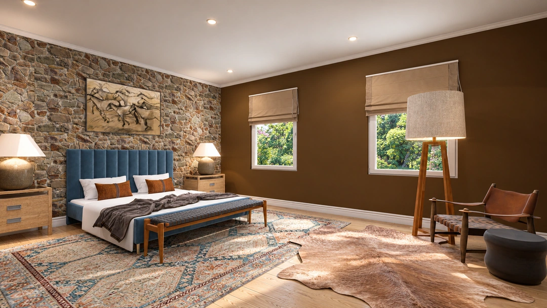 Lodge bedroom with blue headboard and stone accent wall — Winter Park, CO — Lodge, Studio Dalika
