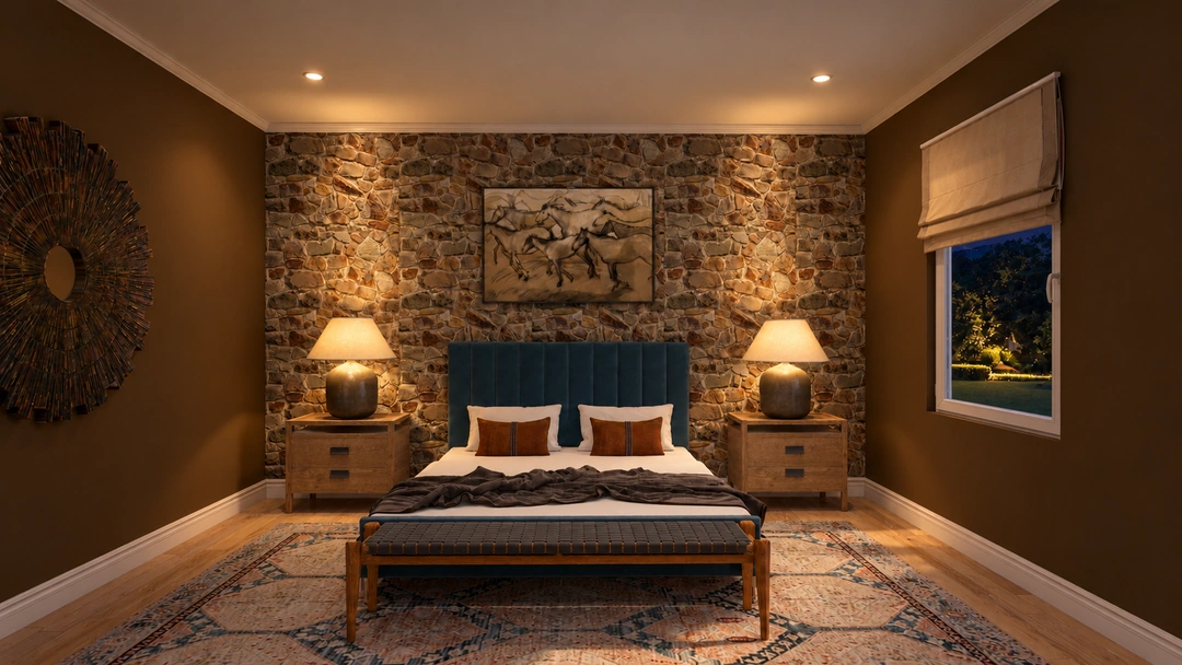 Blue headboard and stone bedroom wall at night — Winter Park, CO — Lodge, Studio Dalika; project view 3
