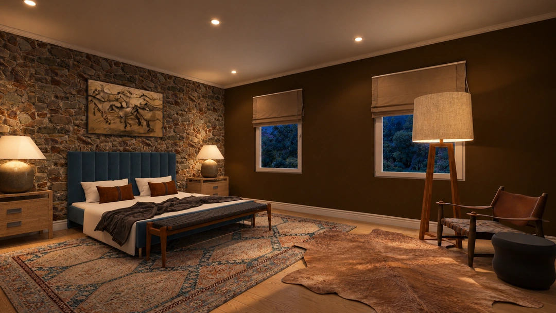 Night bedroom view with lounge chair and floor lamp — Winter Park, CO — Lodge, Studio Dalika; project view 4