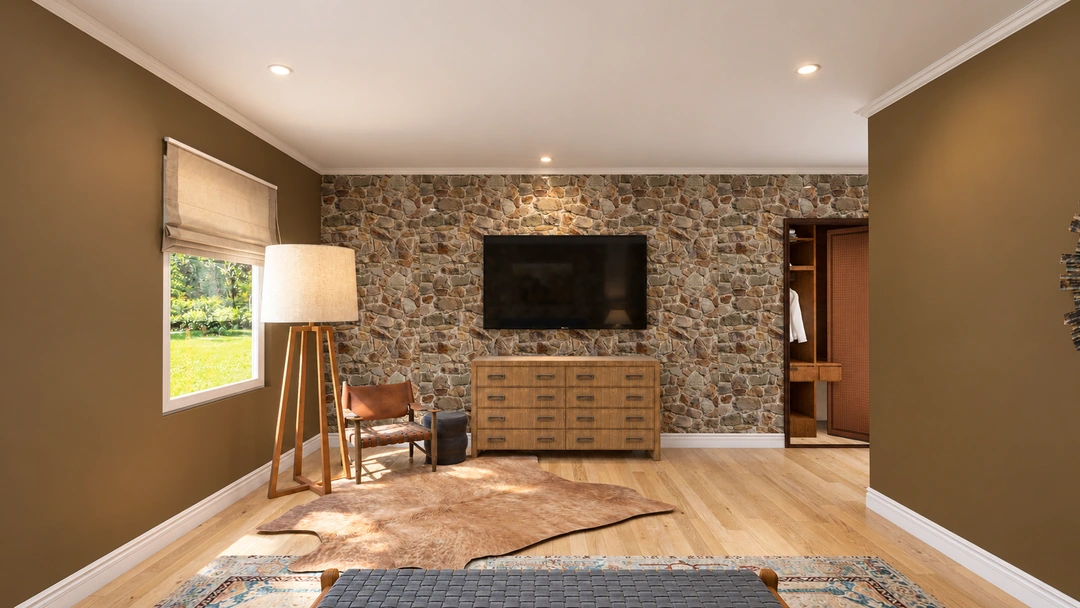 Bedroom television and timber dresser in daylight — Winter Park, CO — Lodge, Studio Dalika; project view 5