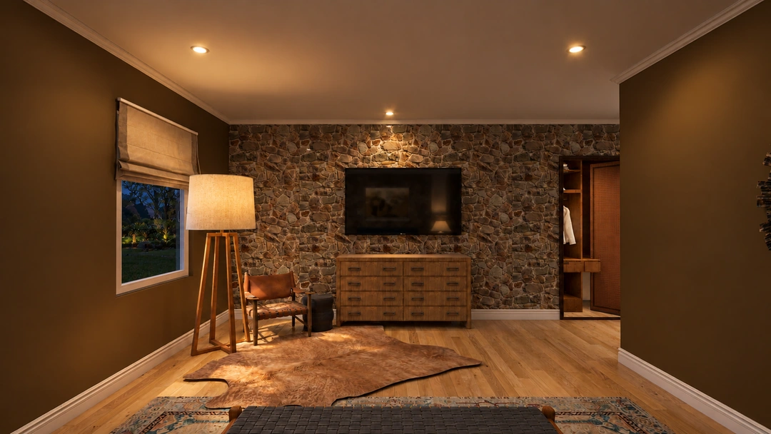 Bedroom television and dresser illuminated at night — Winter Park, CO — Lodge, Studio Dalika; project view 6