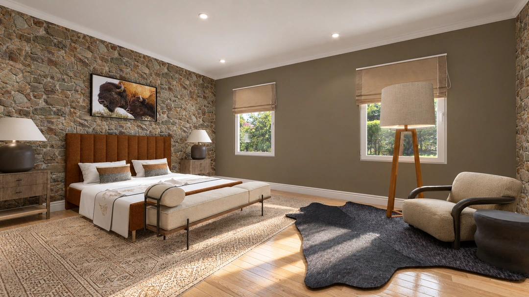 Lodge bedroom with timber headboard and stone wall — Winter Park, CO — Lodge, Studio Dalika