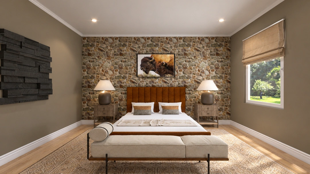 Daylight bedroom with upholstered bench and stone accent wall — Winter Park, CO — Lodge, Studio Dalika; project view 3