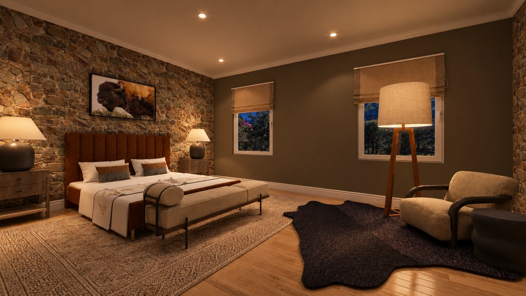 Night view of the bedroom and lounge chair — Winter Park, CO — Lodge, Studio Dalika; project view 4