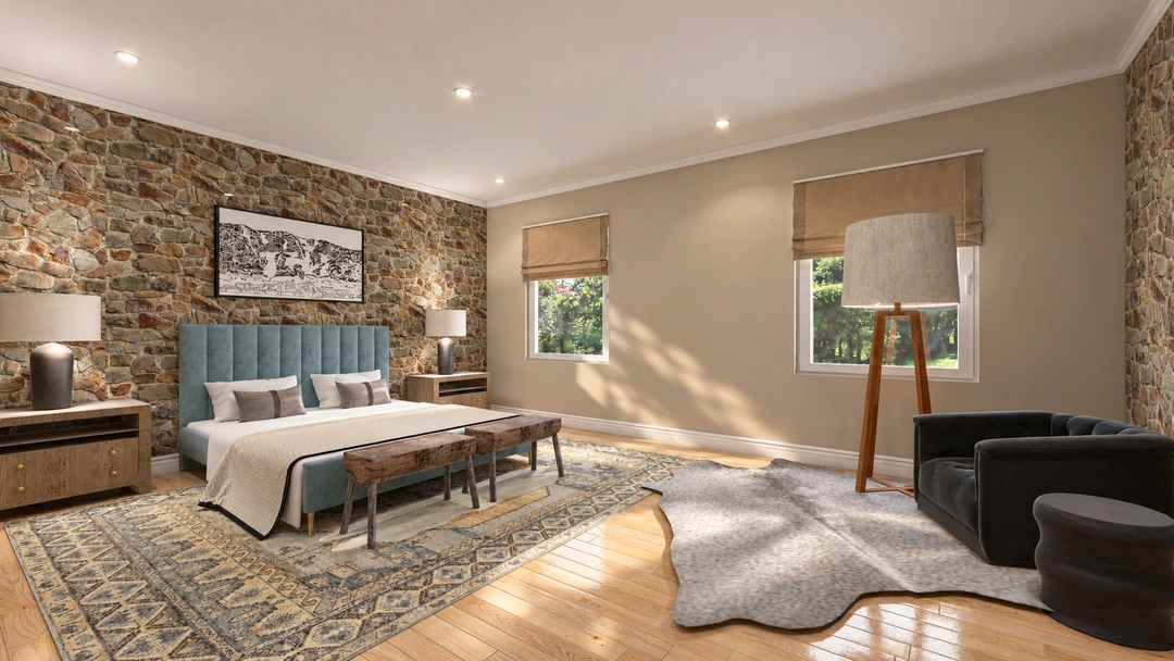 Lodge bedroom with blue headboard and woven textiles — Winter Park, CO — Lodge, Studio Dalika
