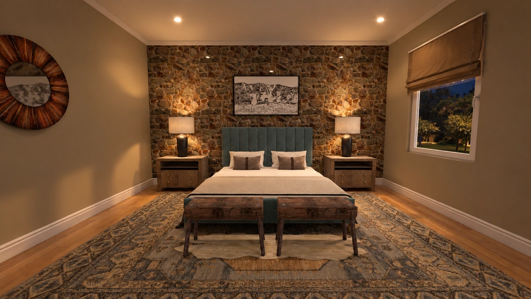 Bedroom and bedside lamps illuminated at night — Winter Park, CO — Lodge, Studio Dalika; project view 3