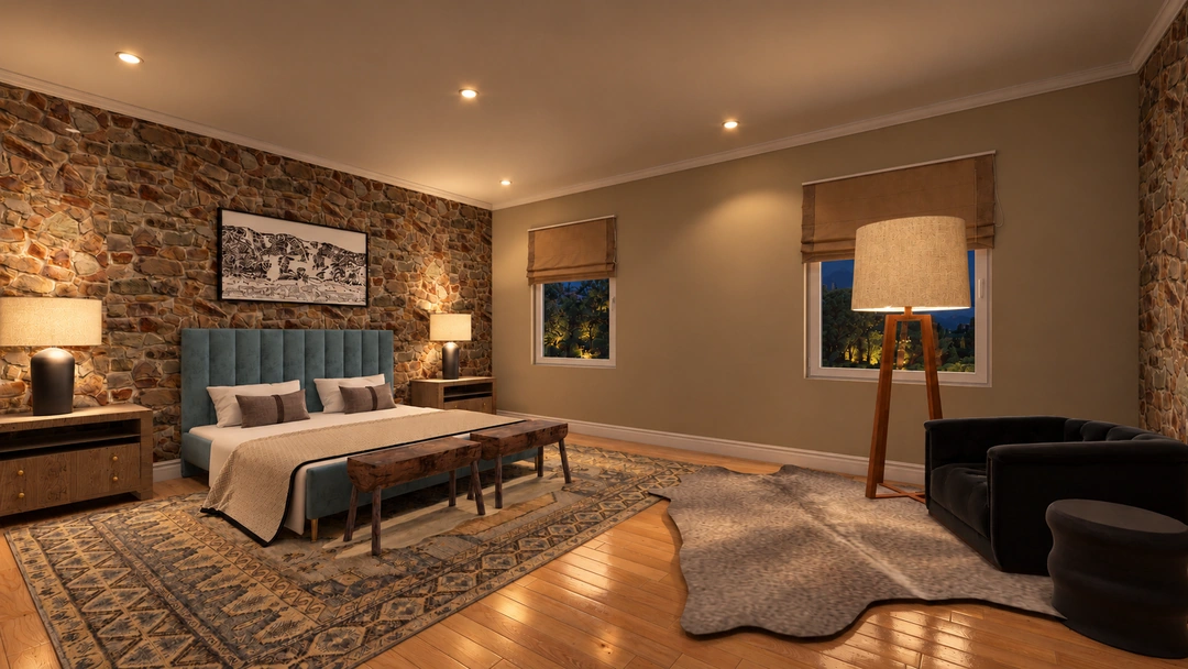 Angled night view of the lodge bedroom and floor lamp — Winter Park, CO — Lodge, Studio Dalika; project view 4
