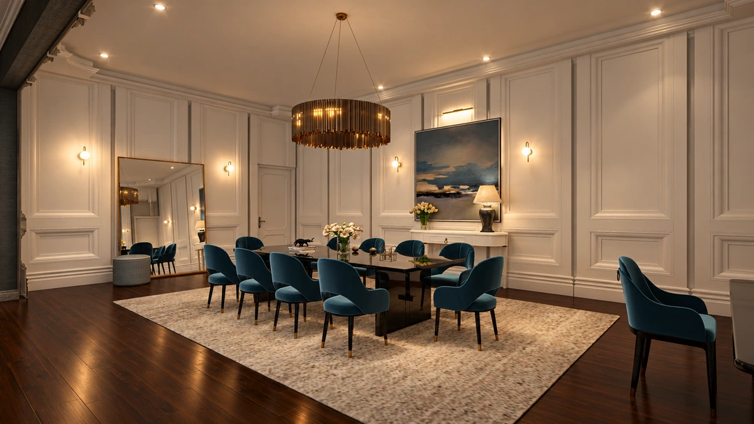 Hotel dining room with blue chairs and paneled walls — New York, NY — Luxury Hotel, Studio Dalika
