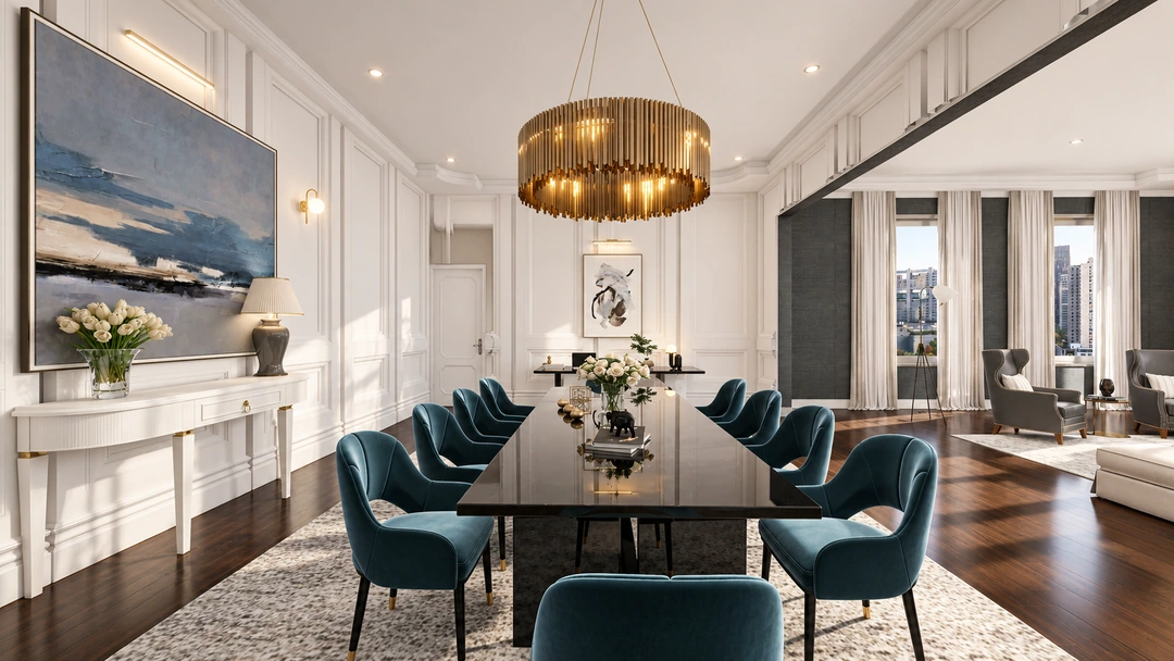 Long dining table beneath a circular brass chandelier — New York, NY — Luxury Hotel, Studio Dalika; project view 3