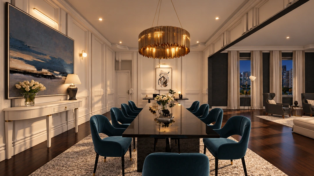 Dining room and blue chairs illuminated at night — New York, NY — Luxury Hotel, Studio Dalika; project view 4