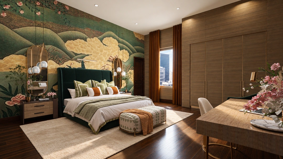 Hotel bedroom with green mural and timber wall panels — New York, NY — Luxury Hotel, Studio Dalika