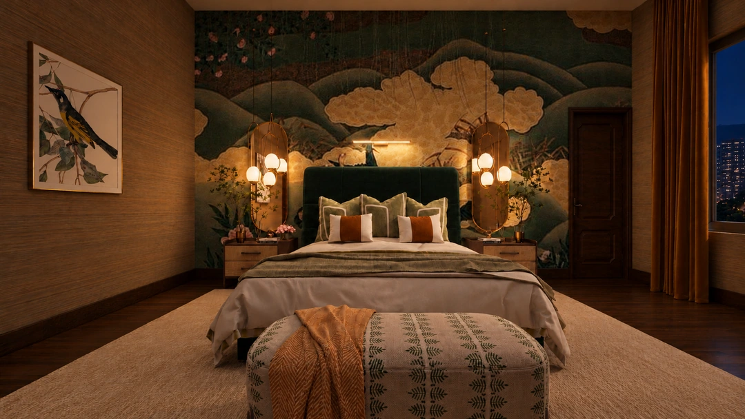 Frontal bedroom view beneath the green mural at night — New York, NY — Luxury Hotel, Studio Dalika; project view 3