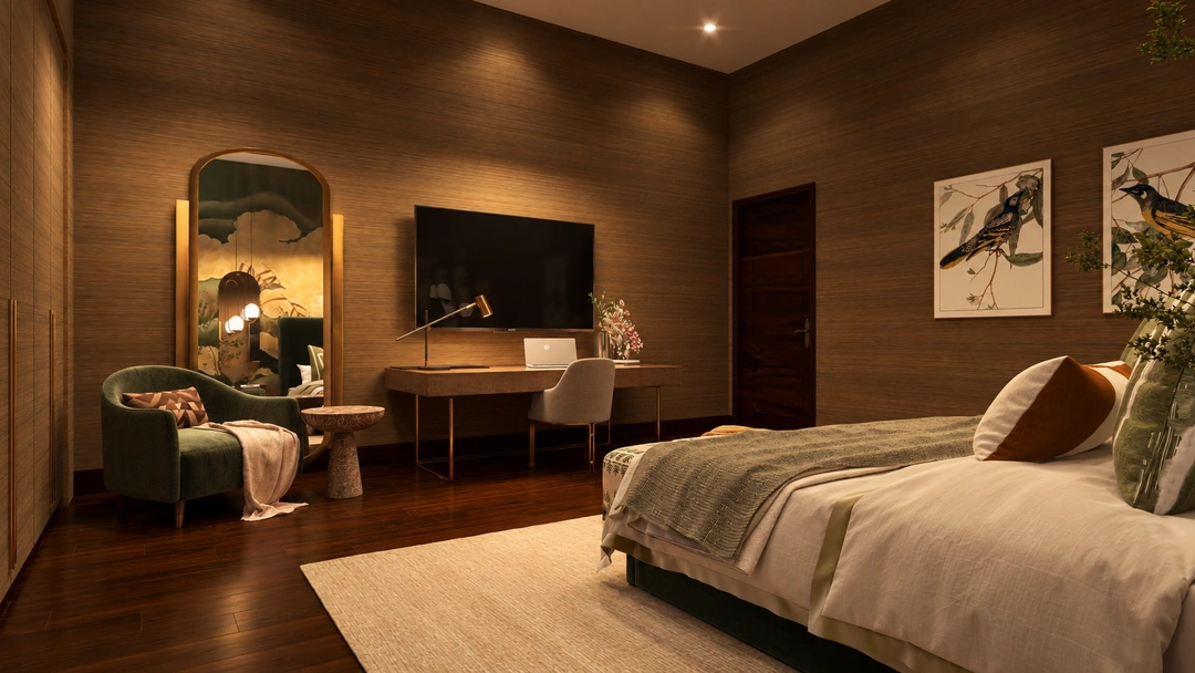 Bedroom television and dressing desk in warm evening light — New York, NY — Luxury Hotel, Studio Dalika; project view 4