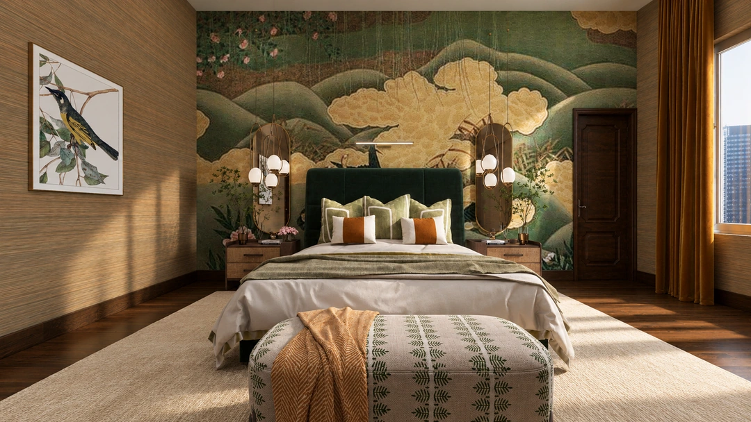 Frontal bedroom view beneath the green landscape mural — New York, NY — Luxury Hotel, Studio Dalika; project view 6