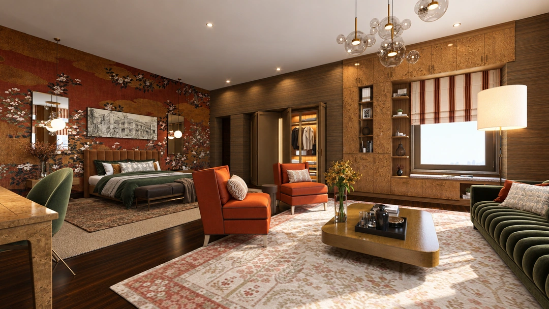 Hotel suite with red floral mural and lounge seating — New York, NY — Luxury Hotel, Studio Dalika