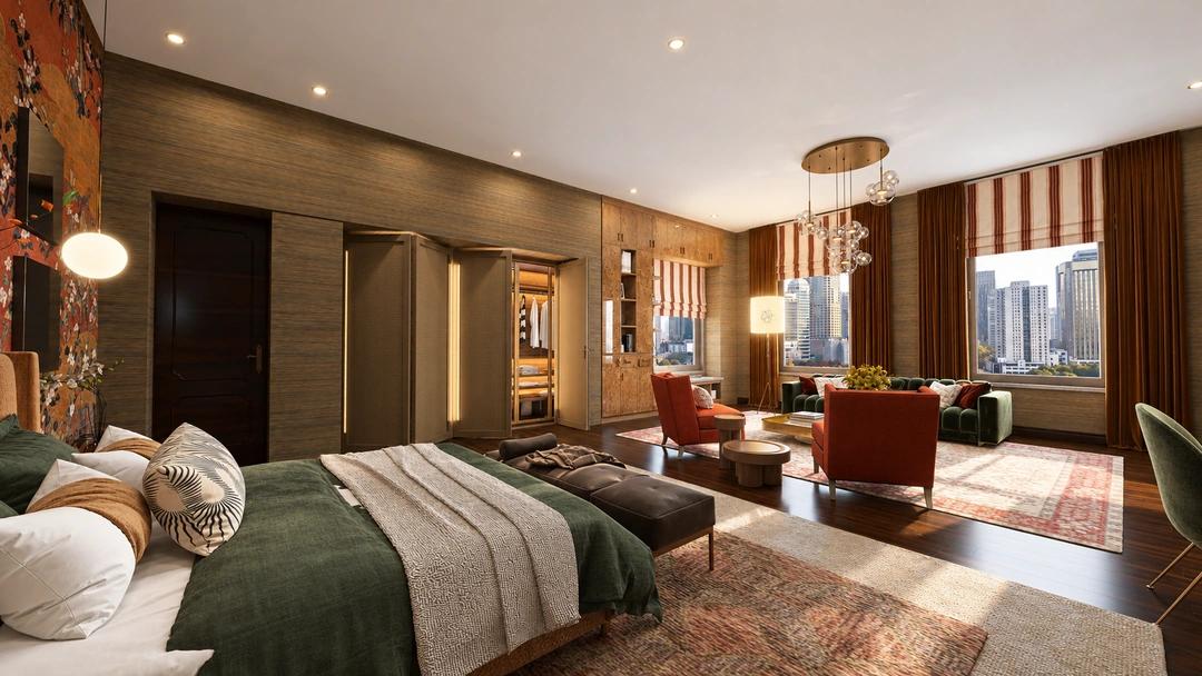 Daylight bedroom opening toward city-facing lounge seating — New York, NY — Luxury Hotel, Studio Dalika; project view 3