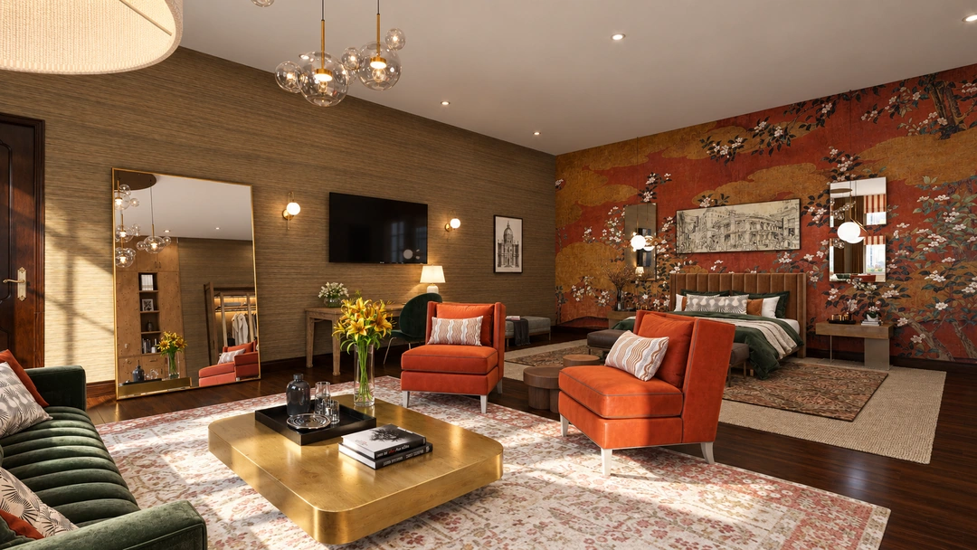 Suite lounge with red armchairs and a low brass table — New York, NY — Luxury Hotel, Studio Dalika; project view 4