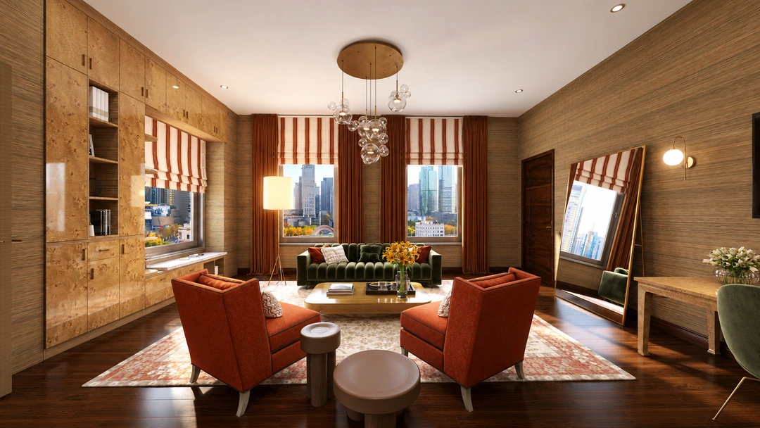 Daylight lounge with red chairs and city views — New York, NY — Luxury Hotel, Studio Dalika; project view 5