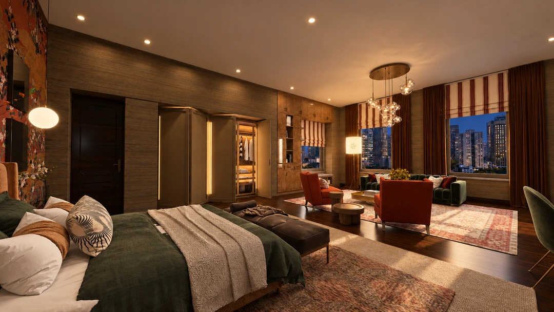 Suite bedroom and lounge with city lights at night — New York, NY — Luxury Hotel, Studio Dalika; project view 6