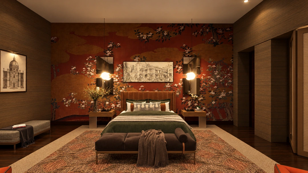 Frontal suite bedroom with red floral mural — New York, NY — Luxury Hotel, Studio Dalika; project view 7