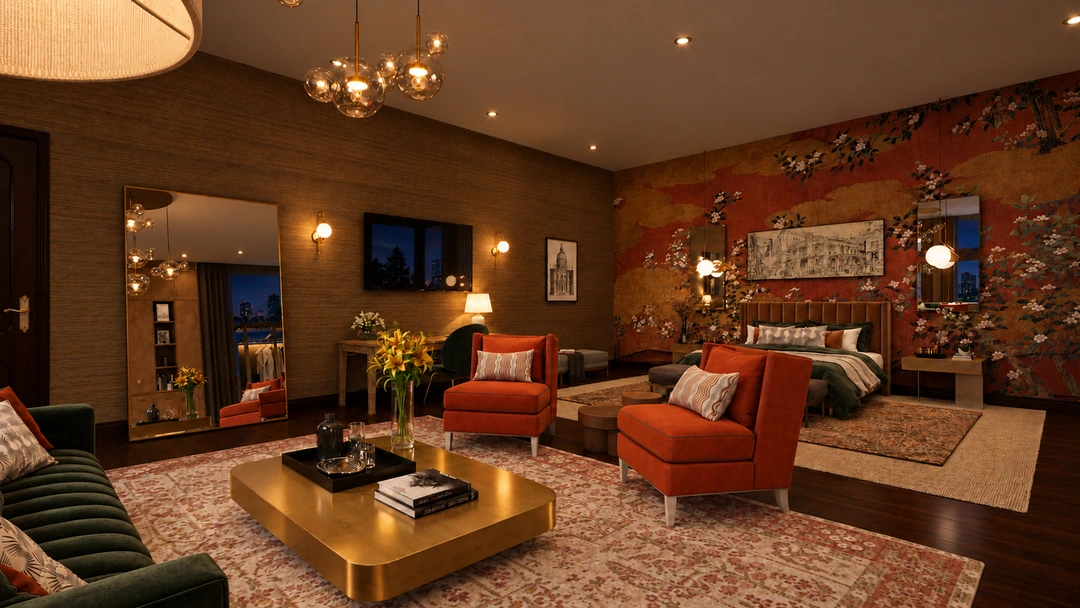 Suite lounge and red armchairs illuminated at night — New York, NY — Luxury Hotel, Studio Dalika; project view 8