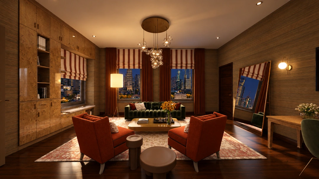 Night view of the lounge seating and city-facing windows — New York, NY — Luxury Hotel, Studio Dalika; project view 9