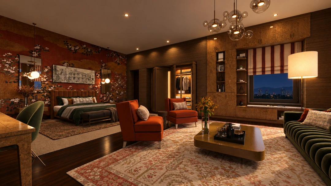 Wide night view across the suite bedroom and lounge — New York, NY — Luxury Hotel, Studio Dalika; project view 10