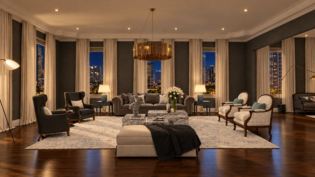 Wide lounge view with city lights at night — New York, NY — Luxury Hotel, Studio Dalika; project view 3