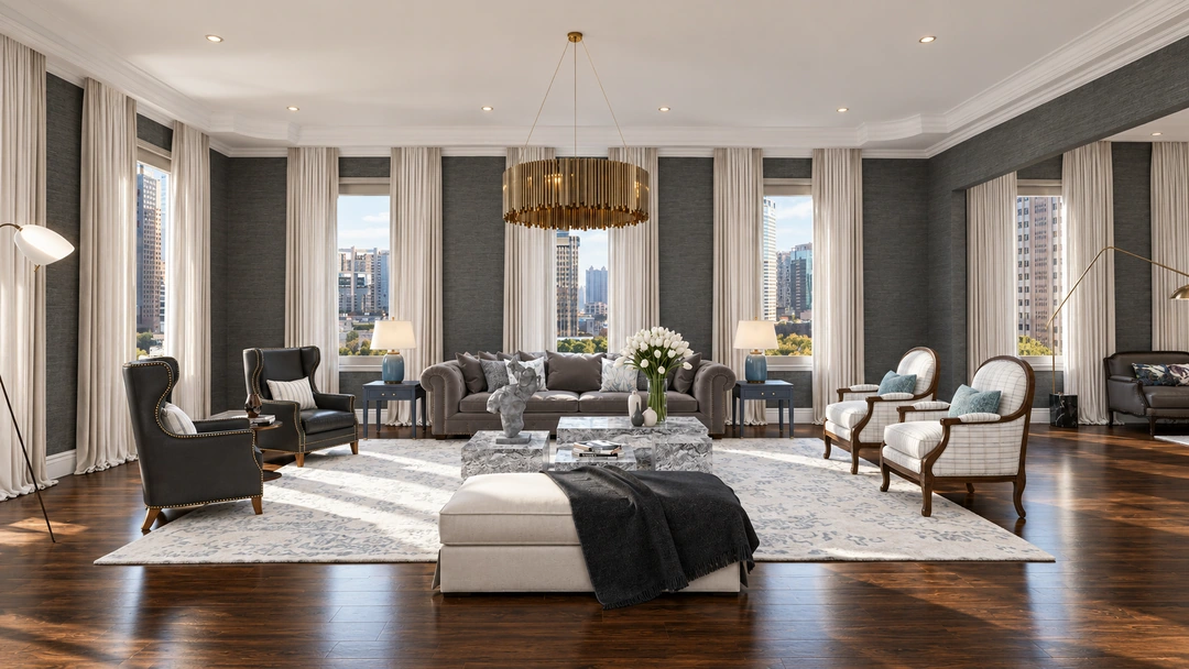 Daylight lounge seating beneath a brass chandelier — New York, NY — Luxury Hotel, Studio Dalika; project view 4