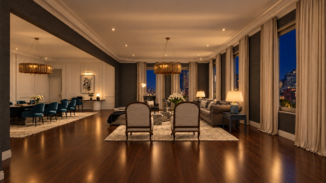 Night view from the lounge toward a connected dining room — New York, NY — Luxury Hotel, Studio Dalika; project view 5