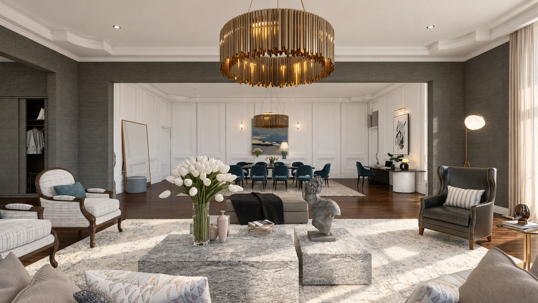 Lounge seating facing the adjoining dining room in daylight — New York, NY — Luxury Hotel, Studio Dalika; project view 7