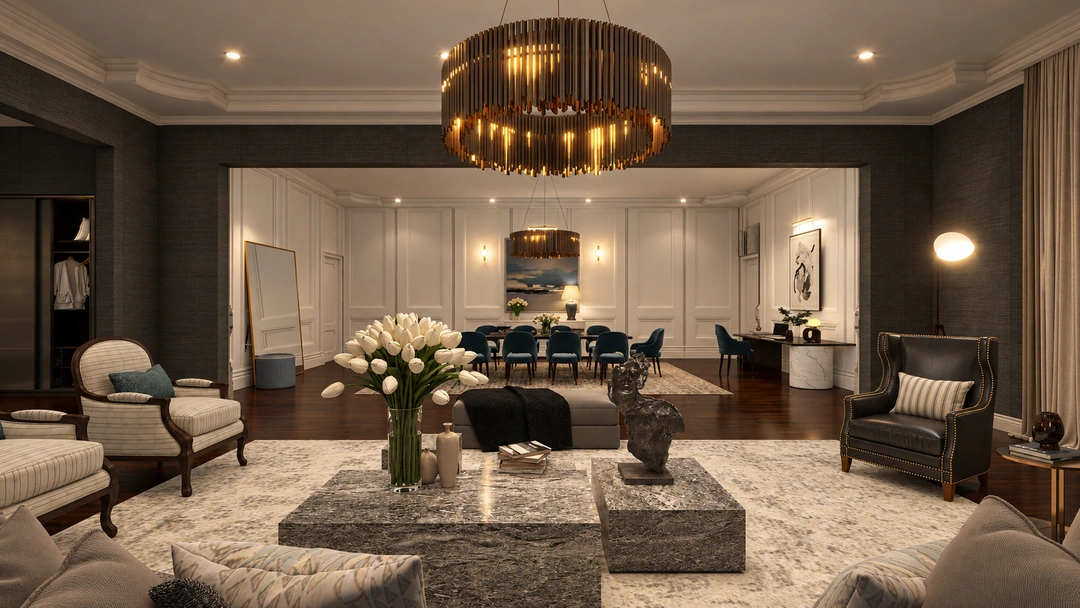 Lounge seating and adjoining dining room illuminated at night — New York, NY — Luxury Hotel, Studio Dalika; project view 8