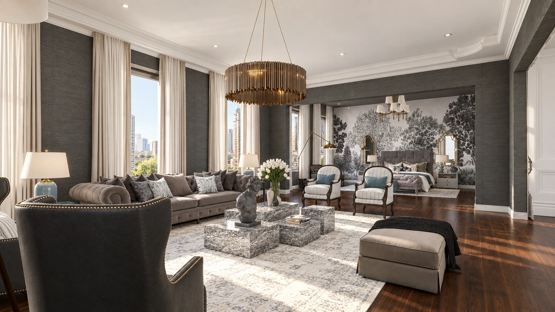 Daylight lounge seating beside the scenic wall mural — New York, NY — Luxury Hotel, Studio Dalika; project view 10