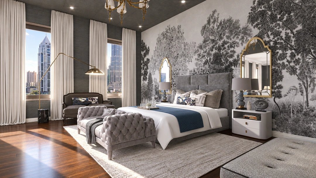 Hotel bedroom with tufted bench and scenic wall mural — New York, NY — Luxury Hotel, Studio Dalika