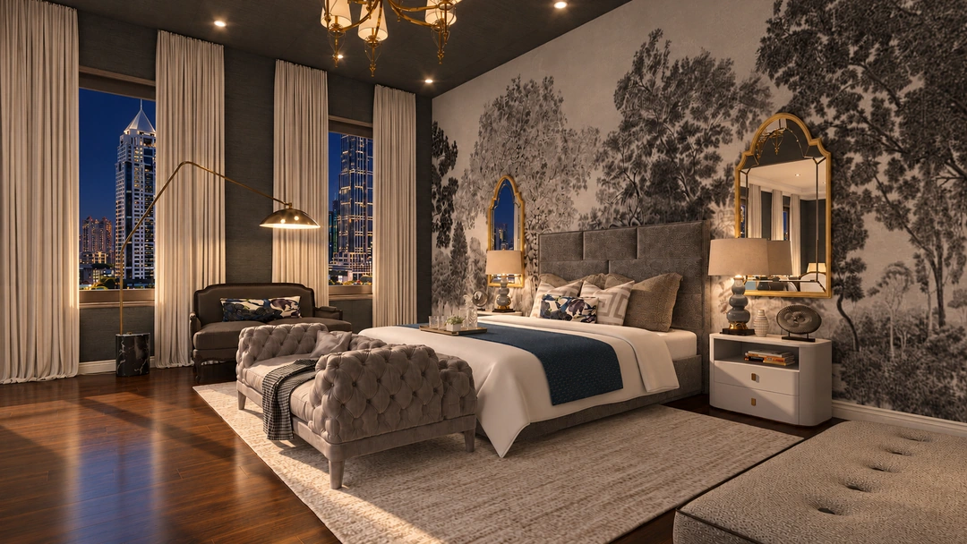 Hotel bedroom with city views illuminated at night — New York, NY — Luxury Hotel, Studio Dalika; project view 3