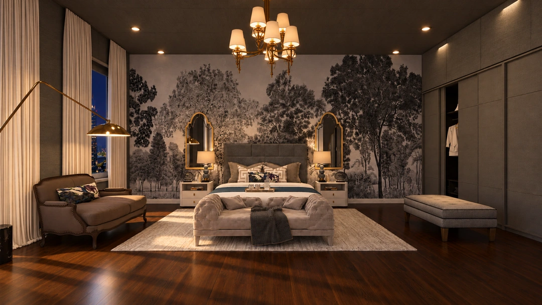 Frontal bedroom and scenic wall mural at night — New York, NY — Luxury Hotel, Studio Dalika; project view 4