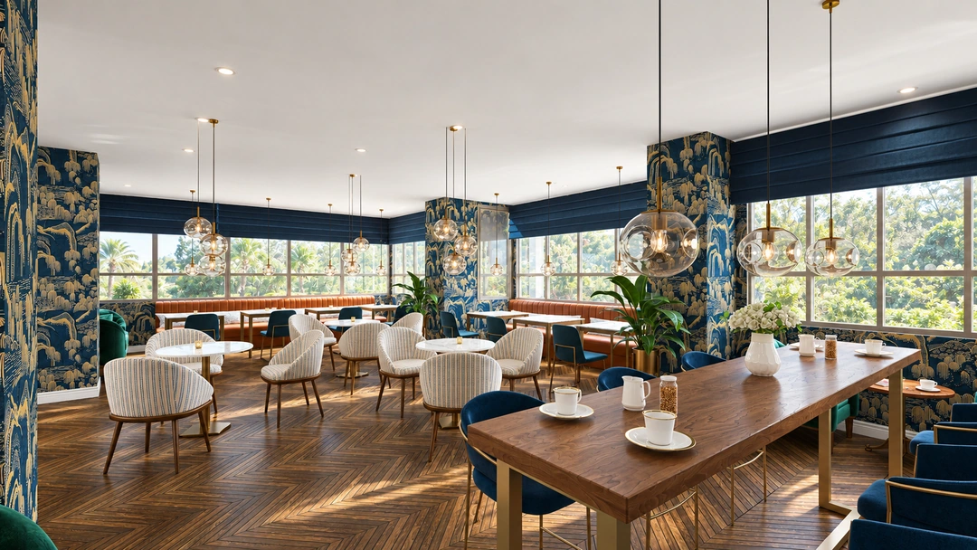 Breakfast area with blue patterned columns and varied seating — Miami, FL — Condominium Complex Breakfast Area, Studio Dalika