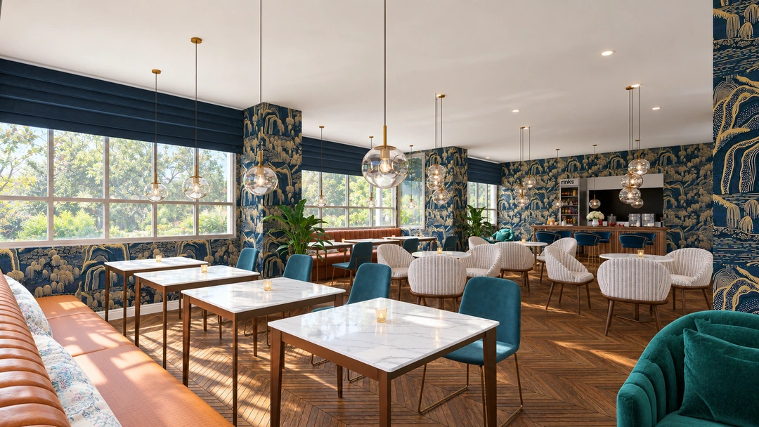 Breakfast area with tufted banquettes and cafe tables — Miami, FL — Condominium Complex Breakfast Area, Studio Dalika; project view 3