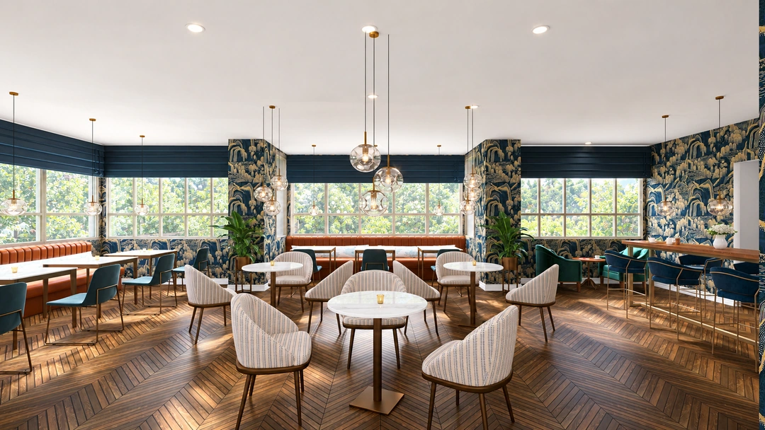 Wide view of the breakfast room and surrounding greenery — Miami, FL — Condominium Complex Breakfast Area, Studio Dalika; project view 4