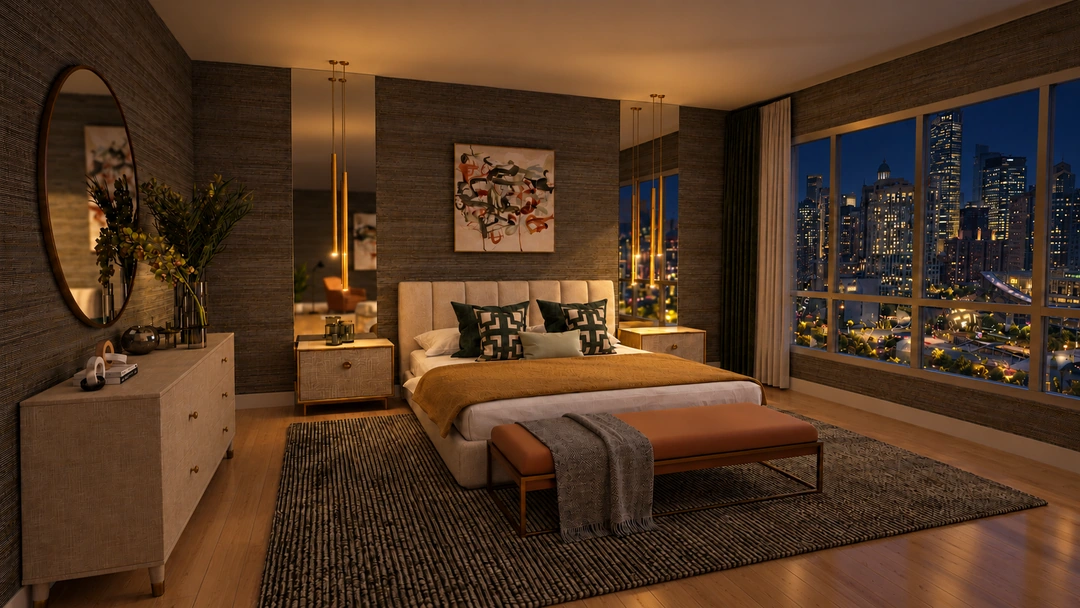 City hotel bedroom with timber walls and night views — Chicago, IL — Grand Hotel, Studio Dalika