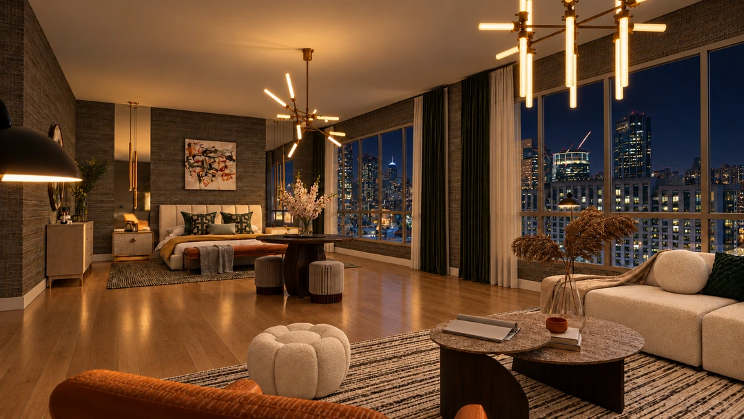 Night view across the bedroom and connected lounge — Chicago, IL — Grand Hotel, Studio Dalika; project view 3