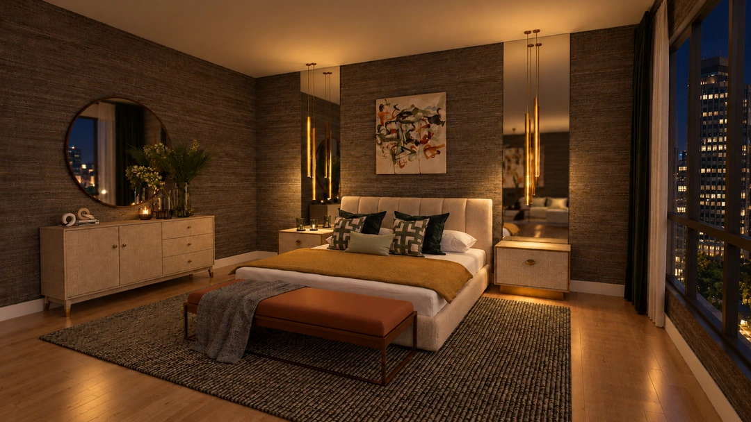Angled hotel bedroom with city lights at night — Chicago, IL — Grand Hotel, Studio Dalika; project view 4