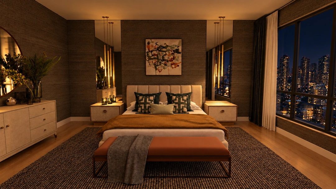 Frontal bedroom view beneath abstract artwork at night — Chicago, IL — Grand Hotel, Studio Dalika; project view 5